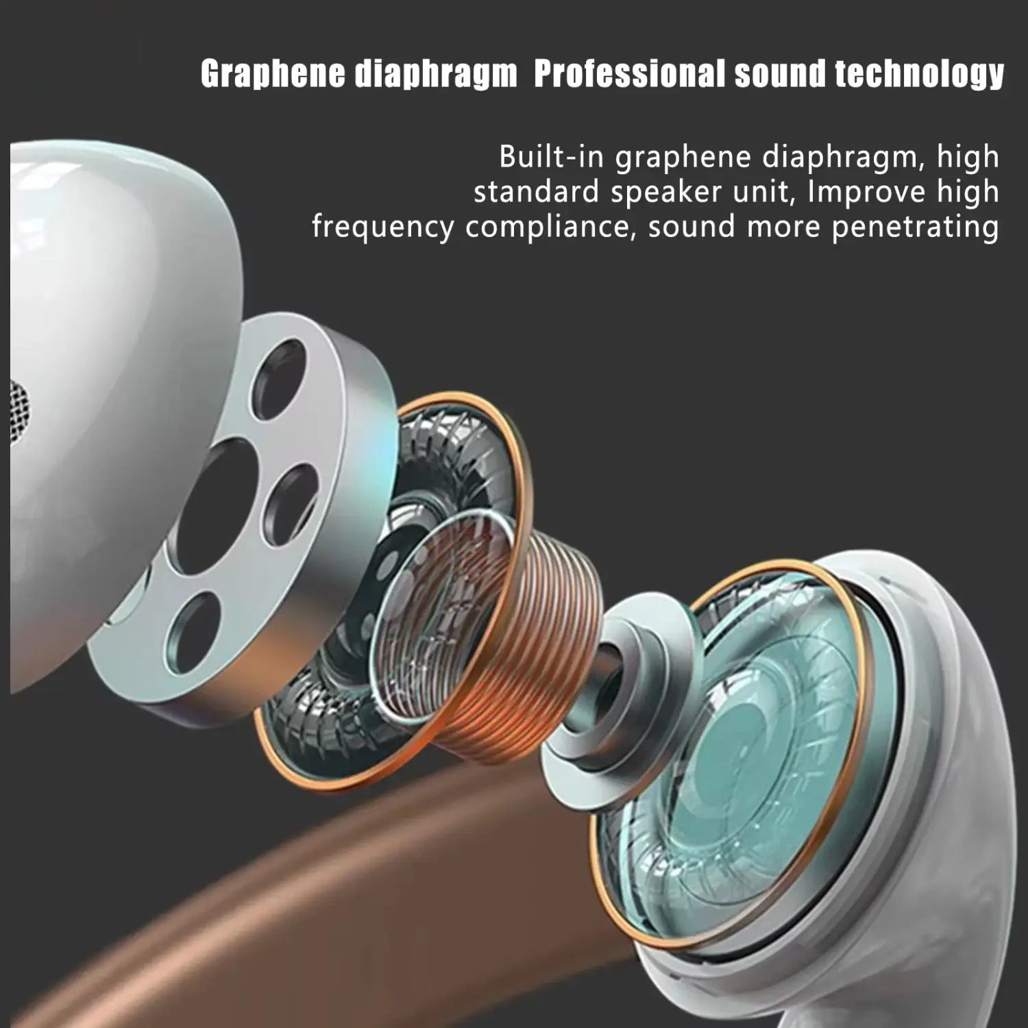 white true buds5 wireless bluetooth earbuds featuring graphene diaphragm speaker units with metallic and translucent components for hifi stereo sound.