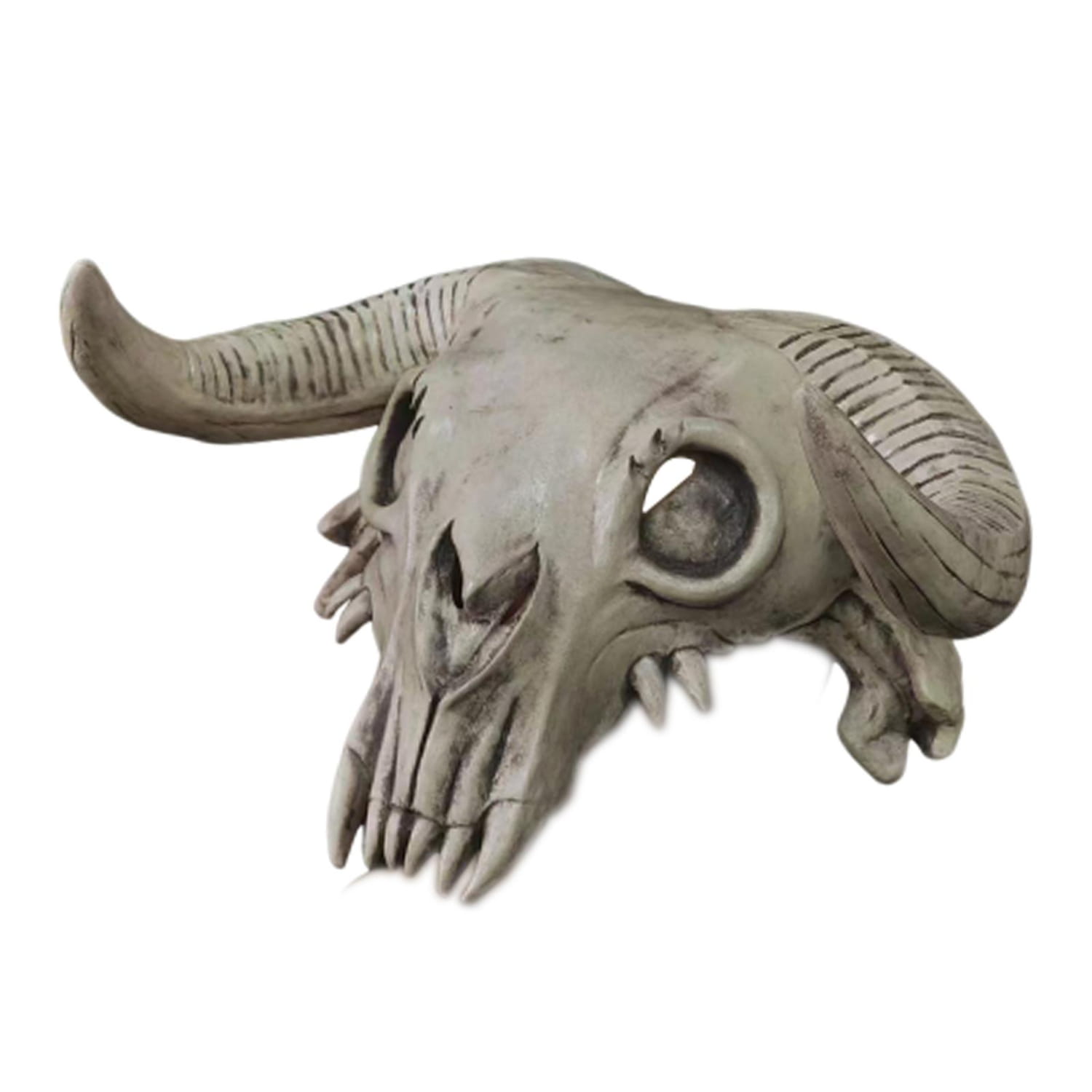Gray plastic halloween cosplay mask featuring a creepy ram skull design with detailed ridged horns and sharp teeth headpiece.