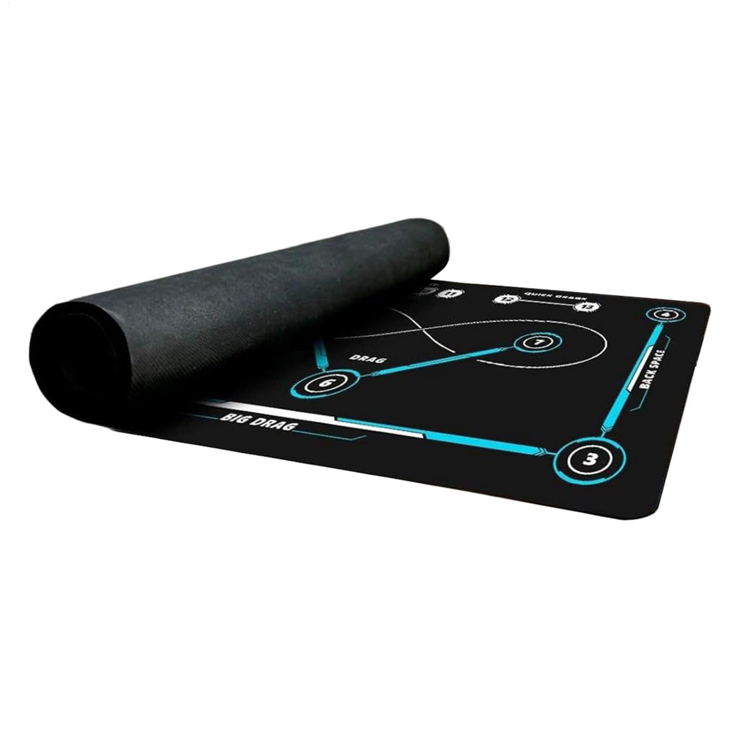 Schwarze rutschfeste Hockey-Trainingsmatte mit türkisfarbenem Schaltkreis-ähnlichem Design und nummerierten Zonen mit markanter Big-Drag-Beschriftung für Stockführungspraxis.