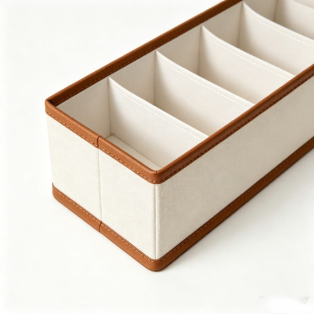 Cream-colored fabric drawer organizer with brown leather trim and stitched edges for underwear and socks storage.