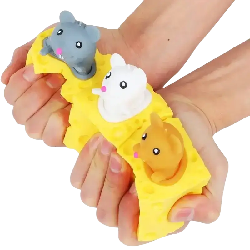 Yellow cheese mouse cup with three cute mouse figures visible from the front as a squeeze cheese stress relief toy