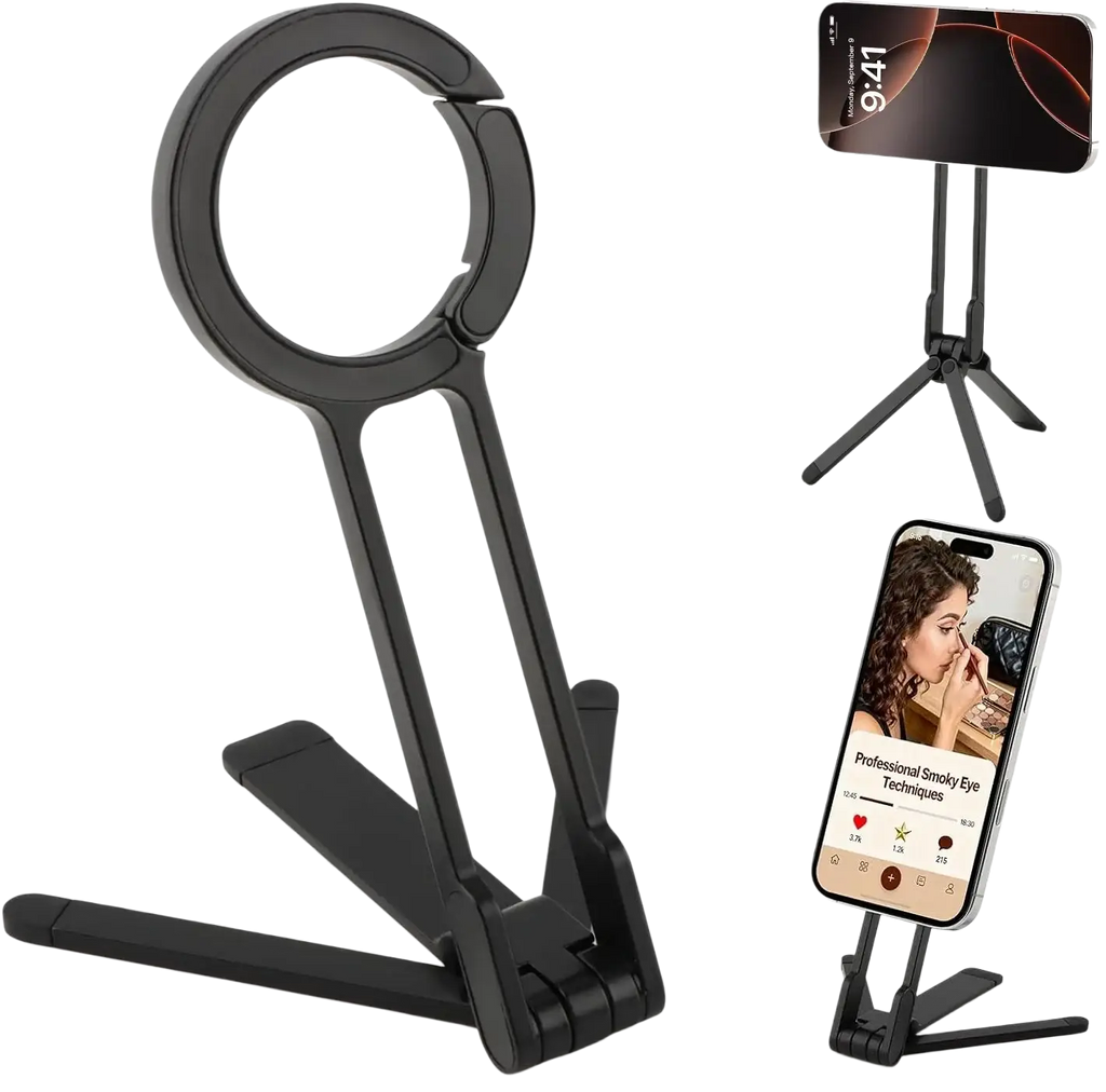 Black foldable magnetic phone stand and tripod with circular top and carabiner clip shown from front angle