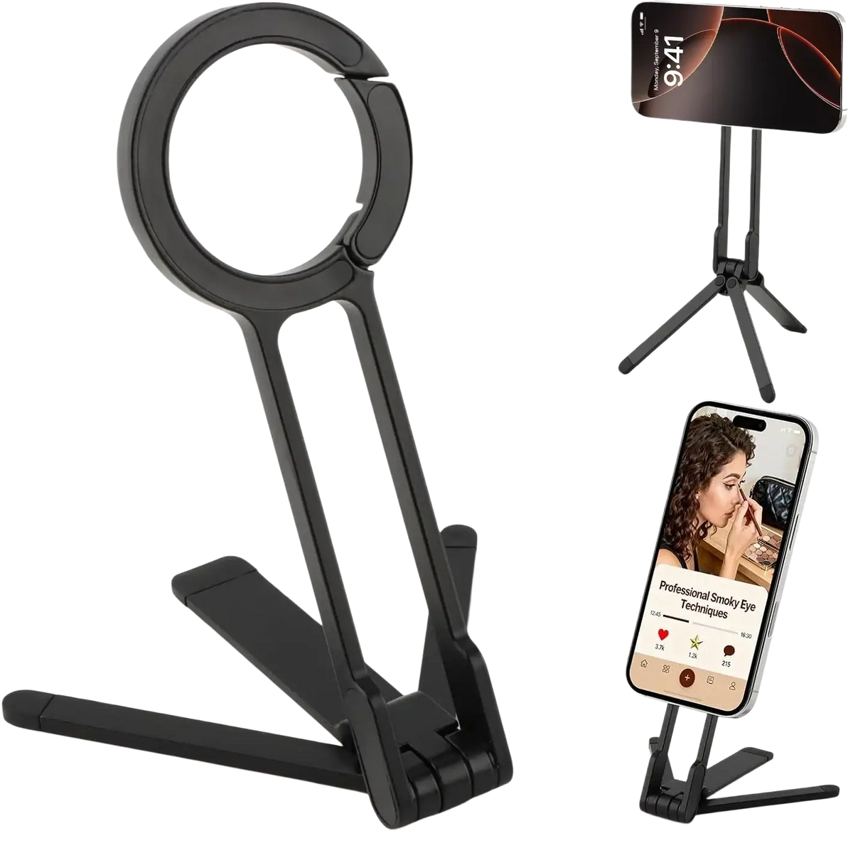 Black foldable magnetic phone stand and tripod with circular top and carabiner clip shown from front angle