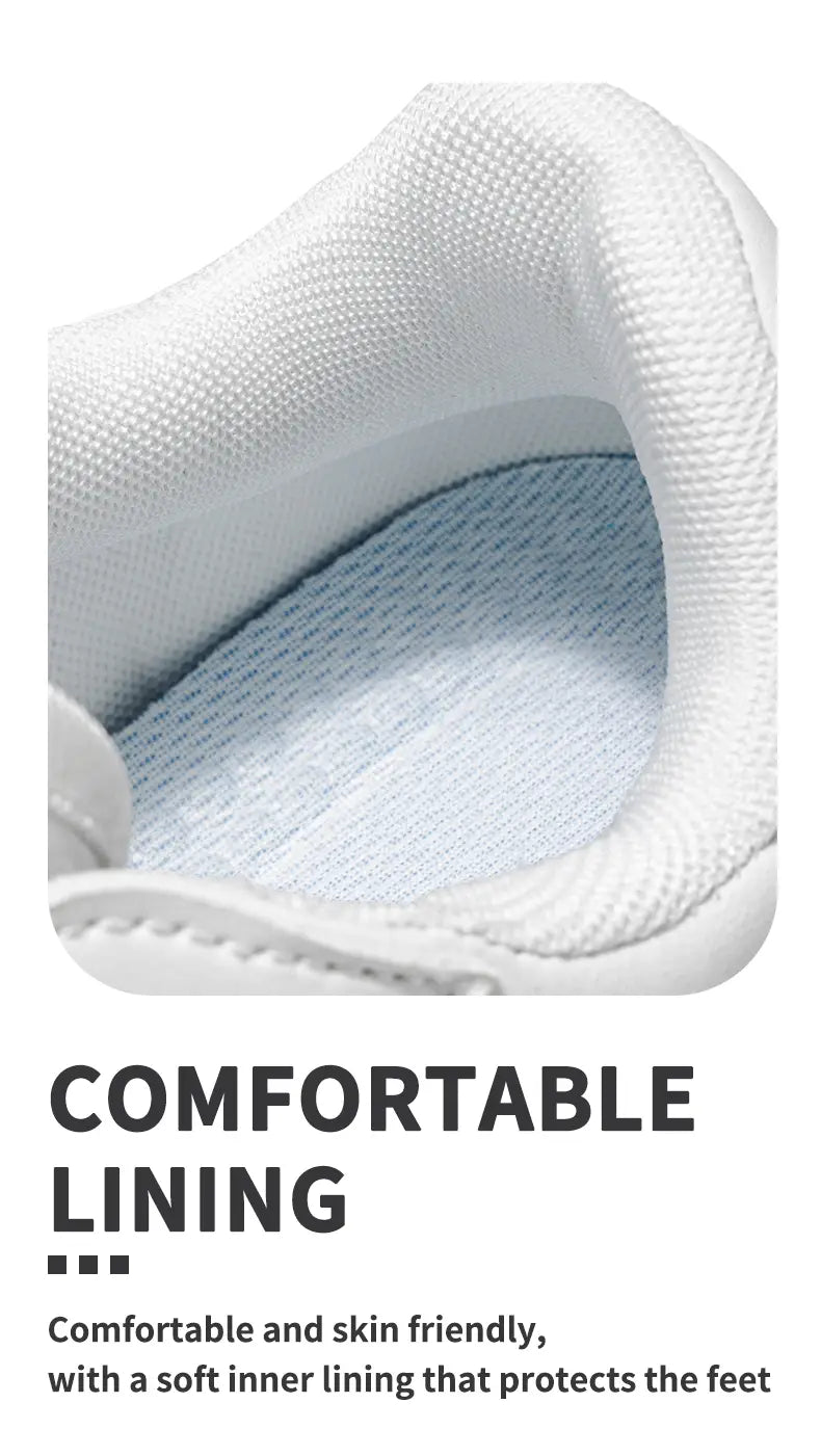 Herren-Freizeitsneaker aus weißem Leder, Sportschuhe mit weißem Mesh-Sneaker-Futter und einer weichen, atmungsaktiven Innenschicht für Komfort und Hautschutz.