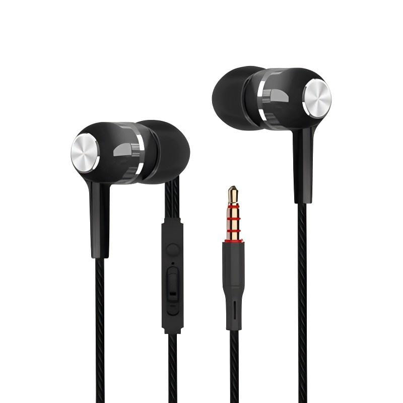 Schwarze 3,5-mm-Kabel-In-Ear-Kopfhörer mit silberfarbenen metallischen Akzenten, geflochtenem Kabel und Inline-Steuermodul mit Mikrofon.
