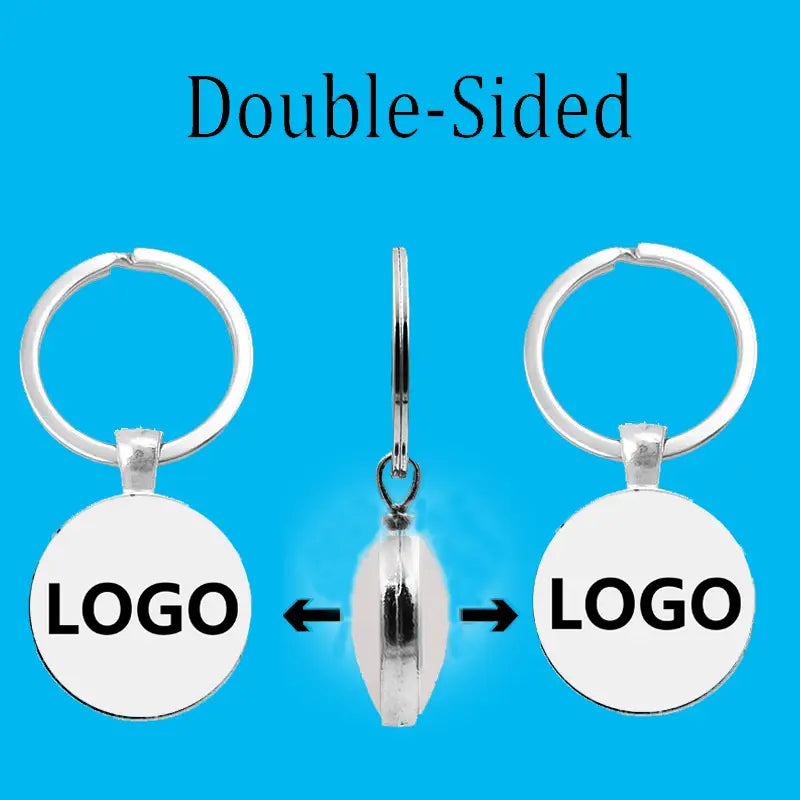 Custom photo logo silver keychain featuring a silver double-sided circular flat design with customizable logo space on both sides.