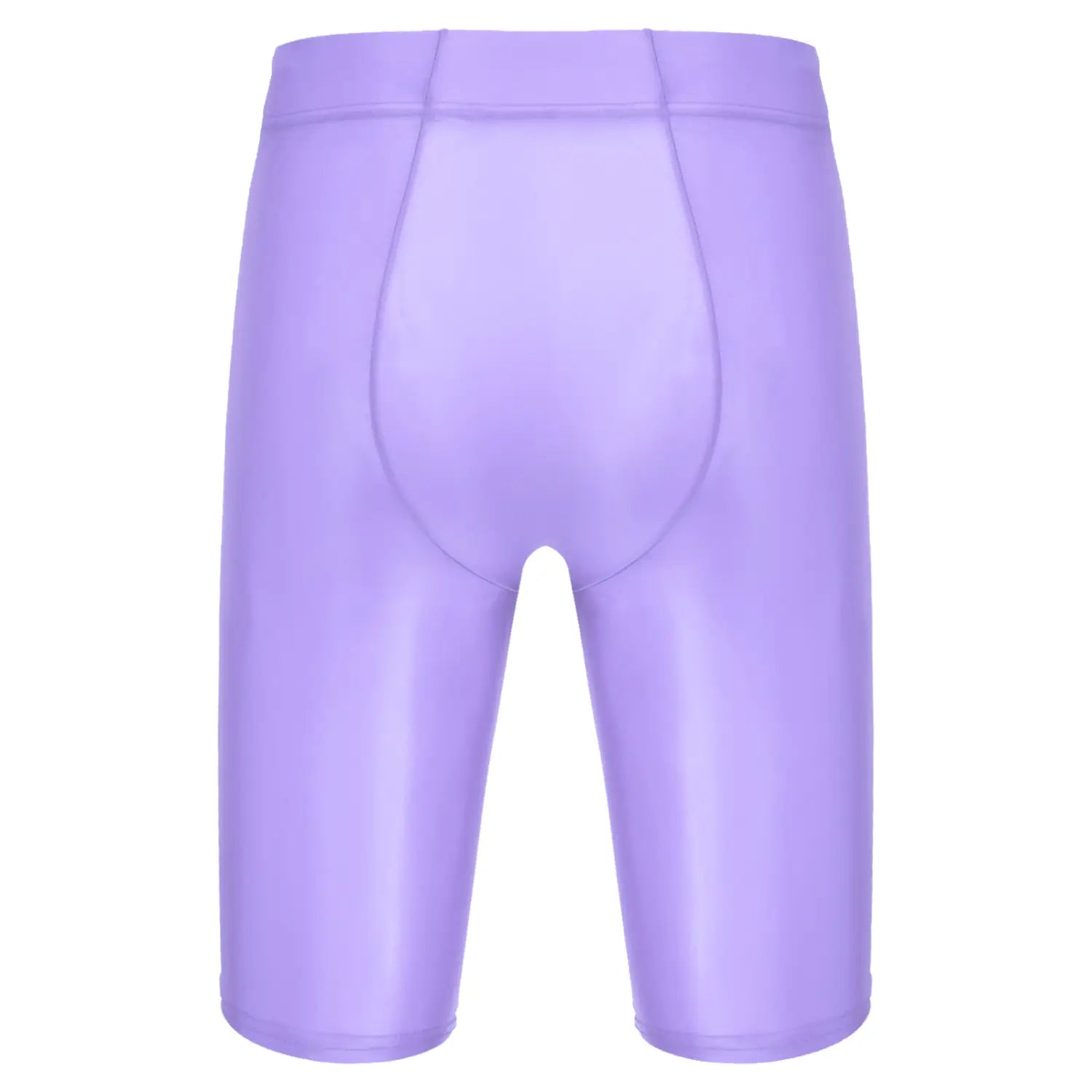 Leggings morados brillantes con diseño liso y ajustado, que complementan la camiseta de compresión para hombre de manga larga y acabado brillante para vestimenta atlética