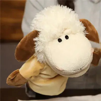 A plush sheep finger puppet with fluffy white wool brown ears and limbs wearing a beige shirt featured among educational baby toys lion elephant bunny hand finger puppets.