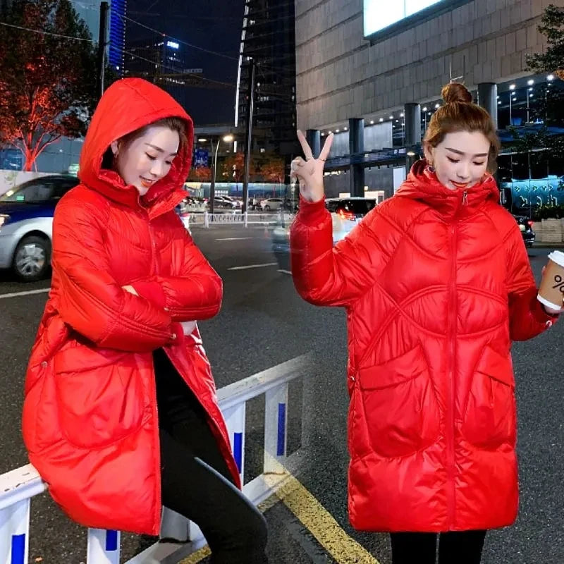 Women Warm Down Cotton Padded Loose Coat 2026 Autumn Winter Thicken Puffer Jacket Female Hooded Solid Long Sleeve Short Parkas