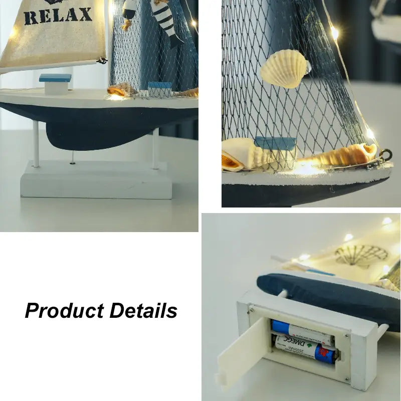 Eine Deko im mediterranen Stil aus Holz mit LED-Licht für ein Segelboot im Wohnbereich: ein dekoratives Navy- und Weiß-Modell-Segelboot mit beigen Segelleinwänden, Netzstruktur, Muscheln und integrierten LED-Lichtern.