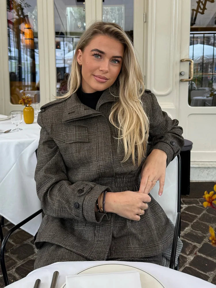 HH Women's Winter Fashion Versatile Wool blend Plaid Ruffled Hem Jacket+Series Wool Plaid Balloon Version Casual Long Pants Suit
