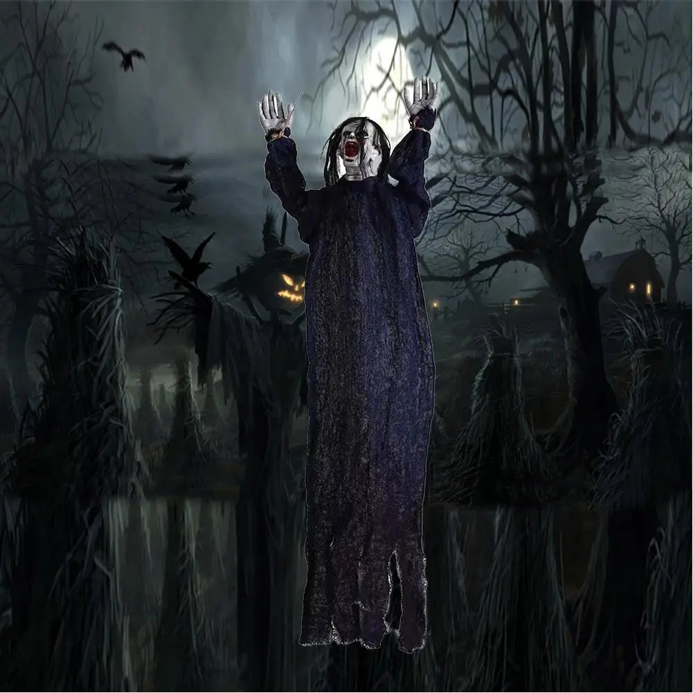 a dark tattered halloween decorations hanging creepy scarecrow prop with a pale face and outstretched arms designed for spooky seasonal use
