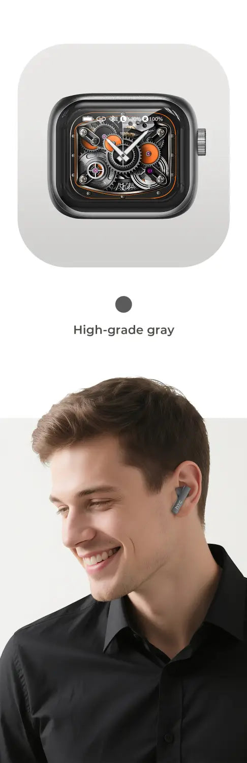 Montre connectée grise de haute qualité avec un cadran détaillé de style mécanique et des accents métalliques, présentée aux côtés d’écouteurs sans fil HTC NE40 avec un étui de charge intelligent.