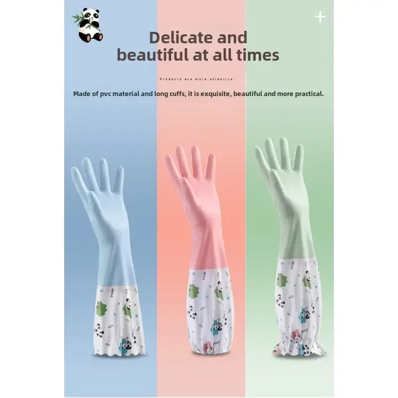long-cuffed waterproof kitchen gloves made of light blue, pink, or mint green pvc with panda-patterned cuffs for cleaning purposes.