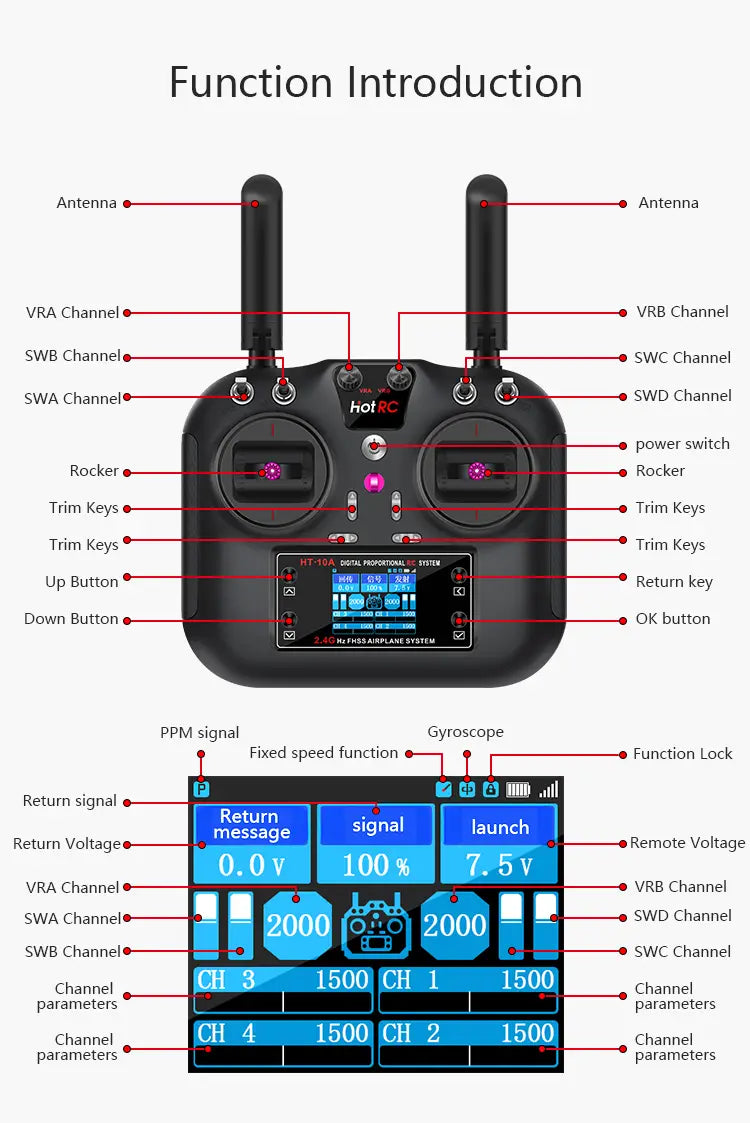 Schwarzer Hotrc HT 10A 10-Kanal Digital-Profi-Sender mit zwei Antennen, doppelter Joystick-Steuerung und einem zentralen LCD-Display zur Anzeige von Flugparametern ist abgebildet.