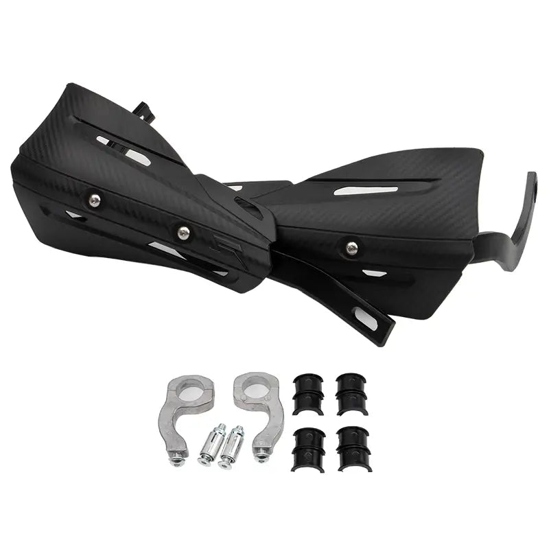 Black universal dirt bike handguard mounting kit featuring textured carbon fiber finish and silver hardware.