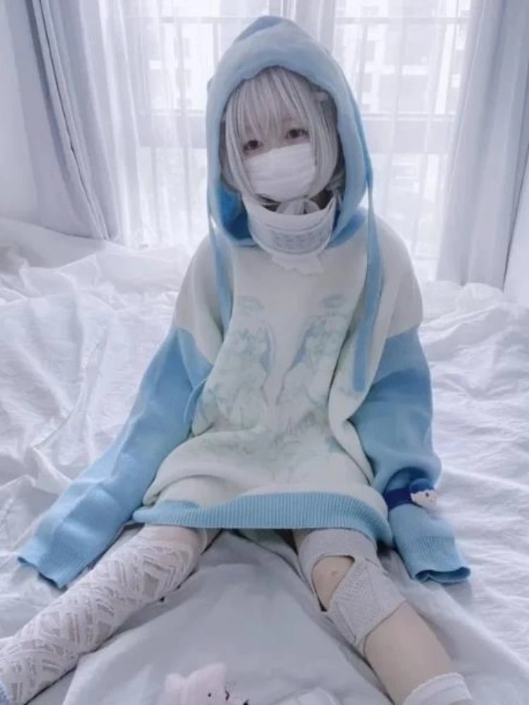 Girls Sweatshirts Subculture Japanese Blue White Autumn Hoodies with Hooded Y2k Winter Women Kawaii Loose Trend Hoodies