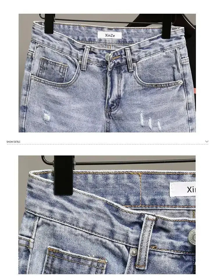 Herren rissige Slim-Fit-Denim-Shorts in Hellwasch-Denim mit beschädigten Details und einem klassischen Fünf-Taschen-Design.