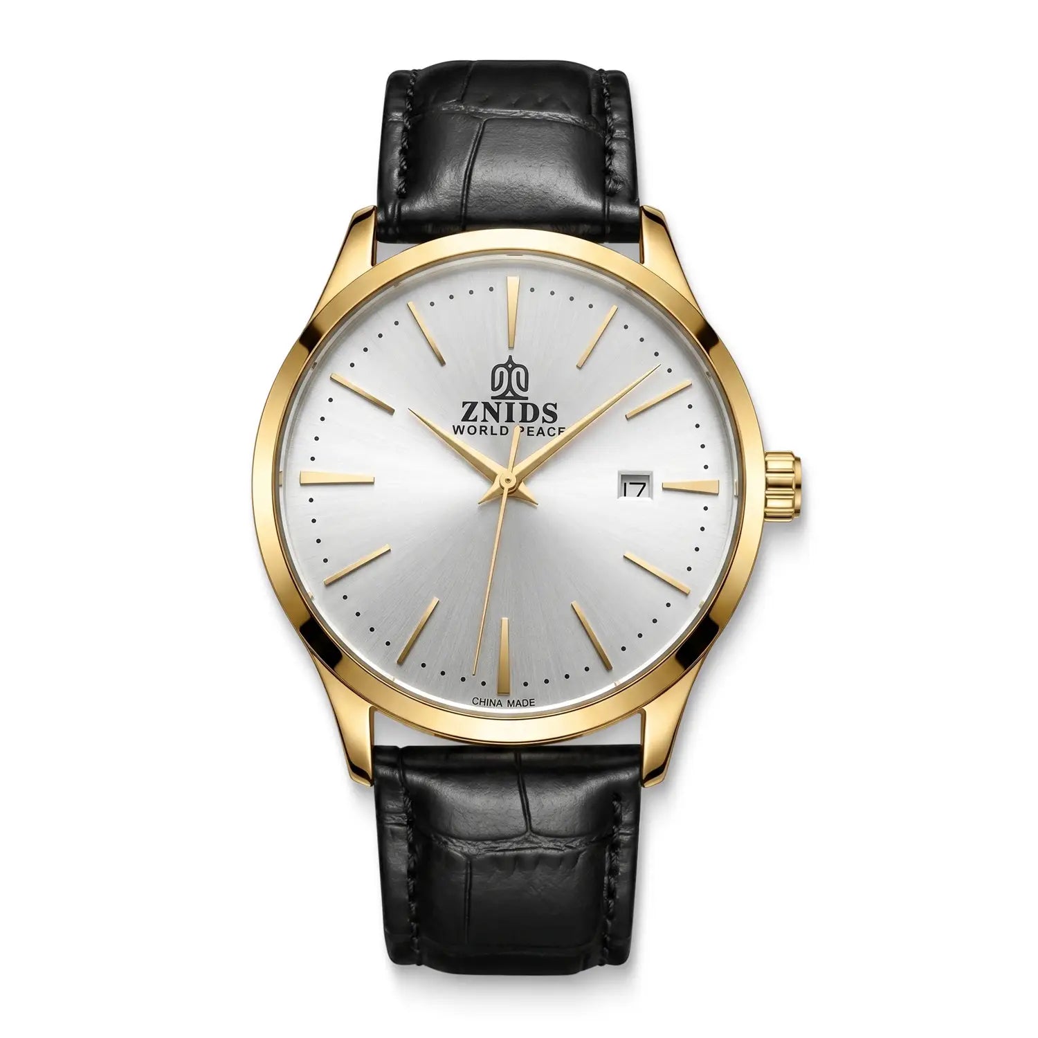 Gold-tone znids automatic skeleton mechanical wristwatch with a silver dial, black alligator leather strap, and date display.