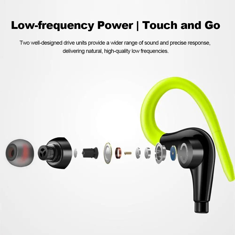 Black and neon green wireless hook-style earbuds featured as 3.5mm headphone wired sports earphones with mic for active use.