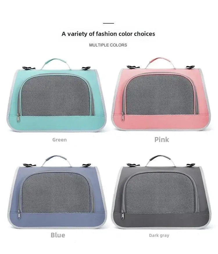 Sac bandoulière de transport pour animaux en maille respirante vert pastel, avec panneau avant en maille souple, poignée élégante et fermeture à glissière.