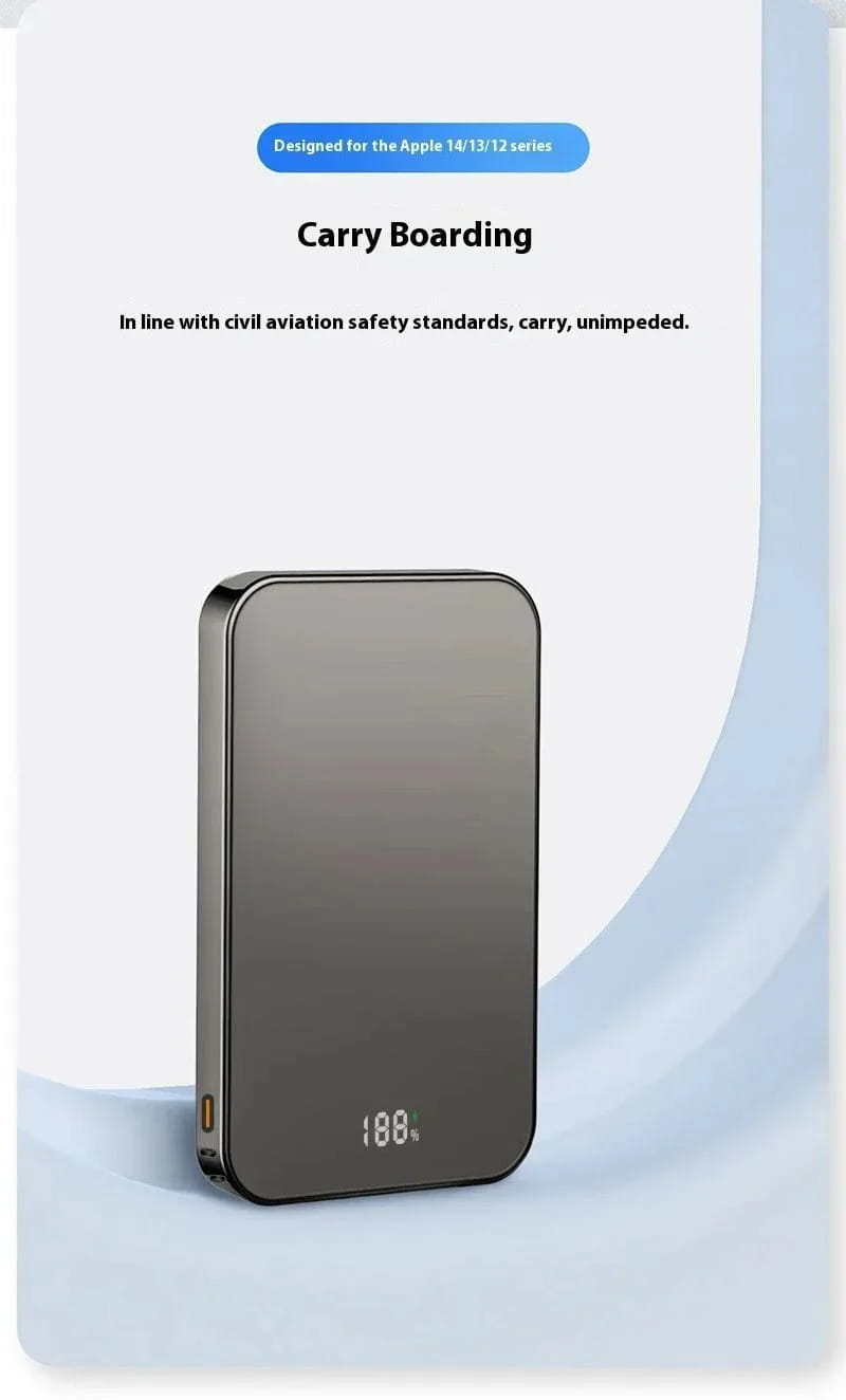 Eine elegante dunkelgraue magnetische Powerbank 20000 mAh mit schnellem Laden in Silber, mit einem digitalen Display, das 188 anzeigt, sowie einem goldfarbenen USB-Anschluss an der Seite.