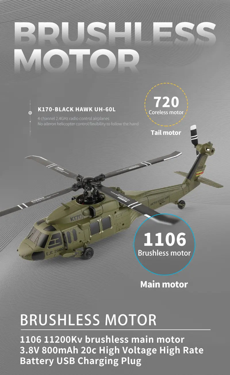 Olive green wltoys k170 black hawk uh-60l remote control helicopter with brushless motors, 2.4ghz radio control system, 800mah 20c battery, and extended flight time.