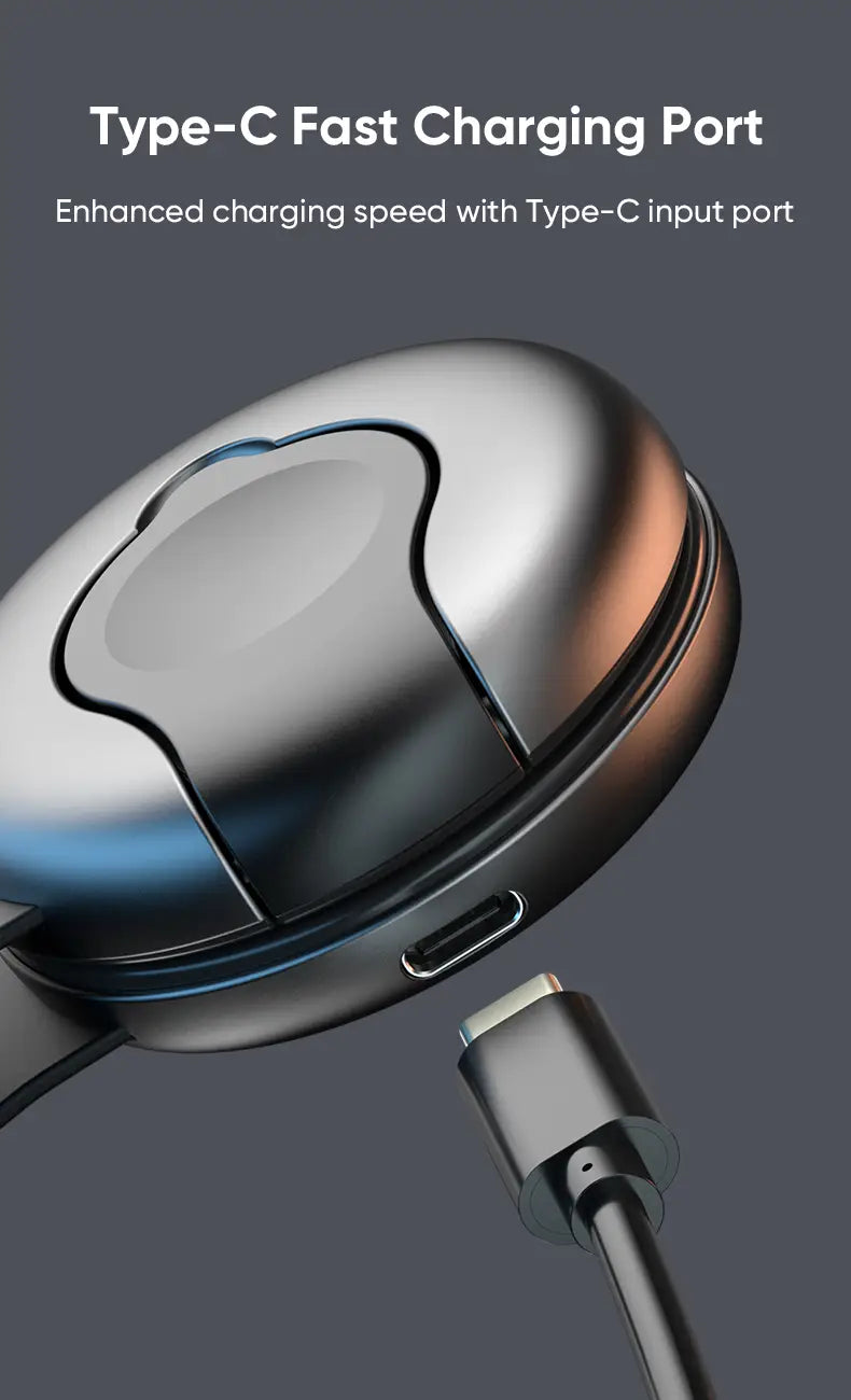 Foldable 3-in-1 magnetic wireless charger featuring a silver metallic circular design with a sleek minimalist style and a type-c fast charging port.