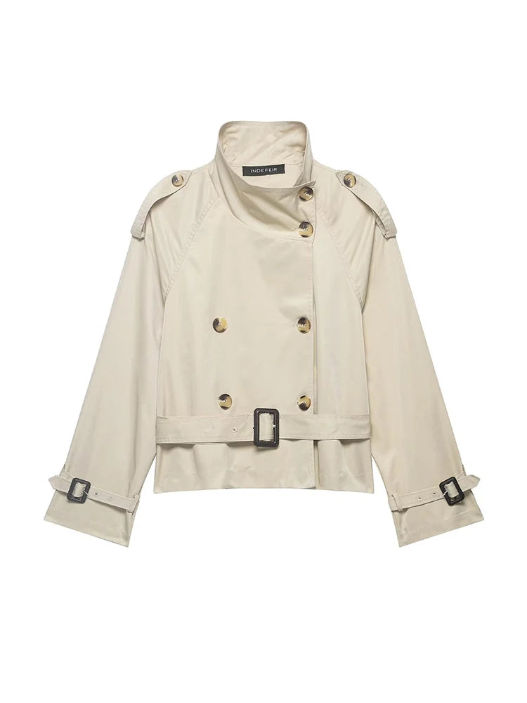 HH Women's Short Trench Coat Spring Autumn Stand Collar Belted Double Breasted Beige Jacket for Office Work Casual Daily