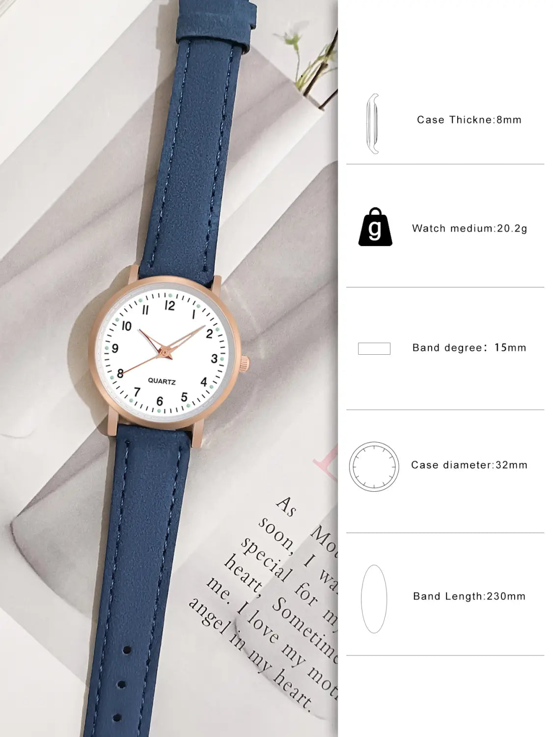 A rose gold women leather quartz watch with a delicate blue leather strap and a white dial.