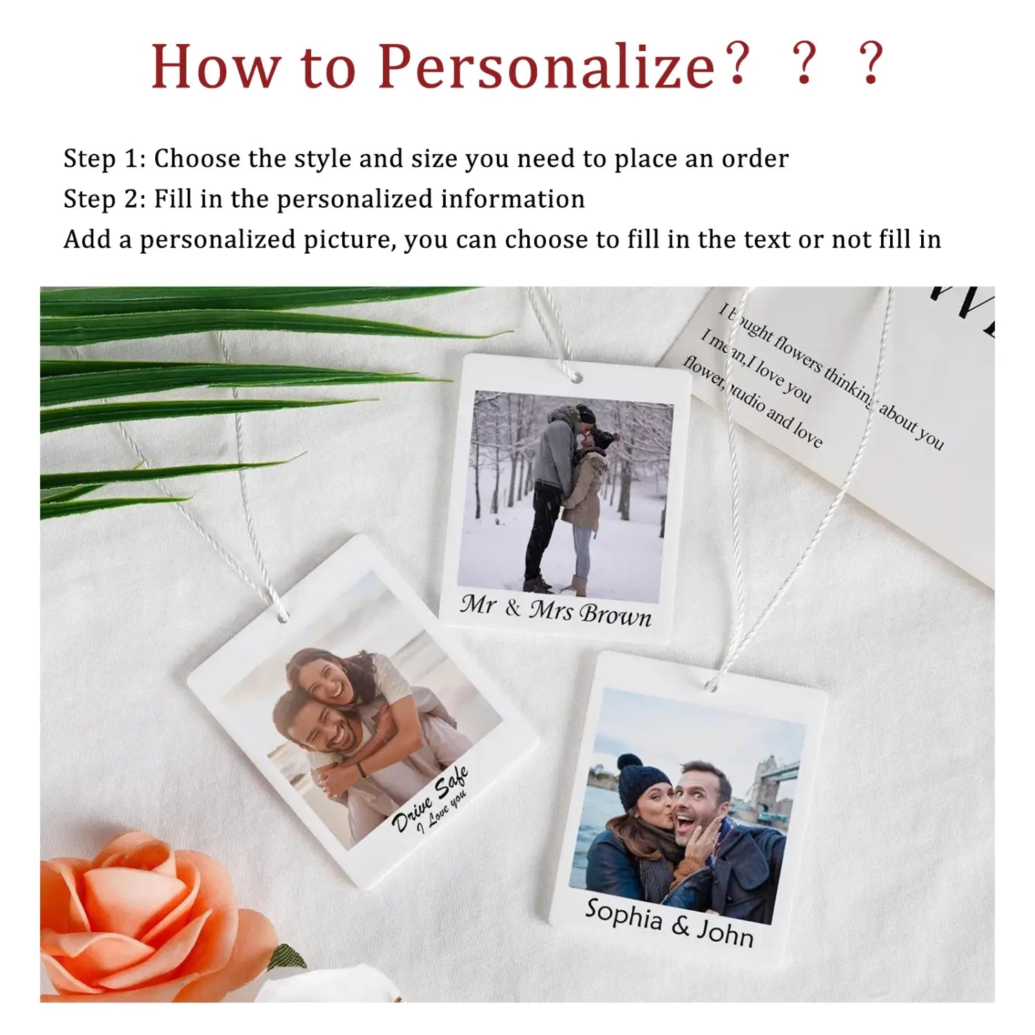 Personalisierte Foto-Autohänger/Ornamente mit weißen Rändern und gedruckten Namen als personalisiertes Geschenk für einen Foto-Autoduft.