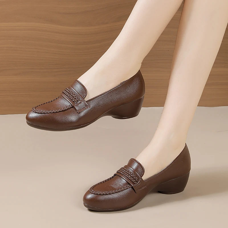 Wedge Loafers for Women Vintage Braided Leather Shoes Elegant Round Toe Pumps Office Lady Work Footwear Casual Slip-on Shoes