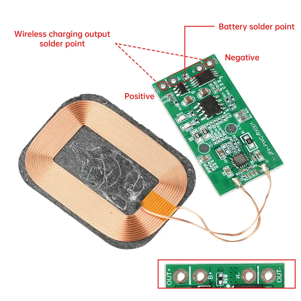Green 5w wireless charging receiver module for 3.7v battery featuring copper coils and black rubberized backing shown from the back side.
