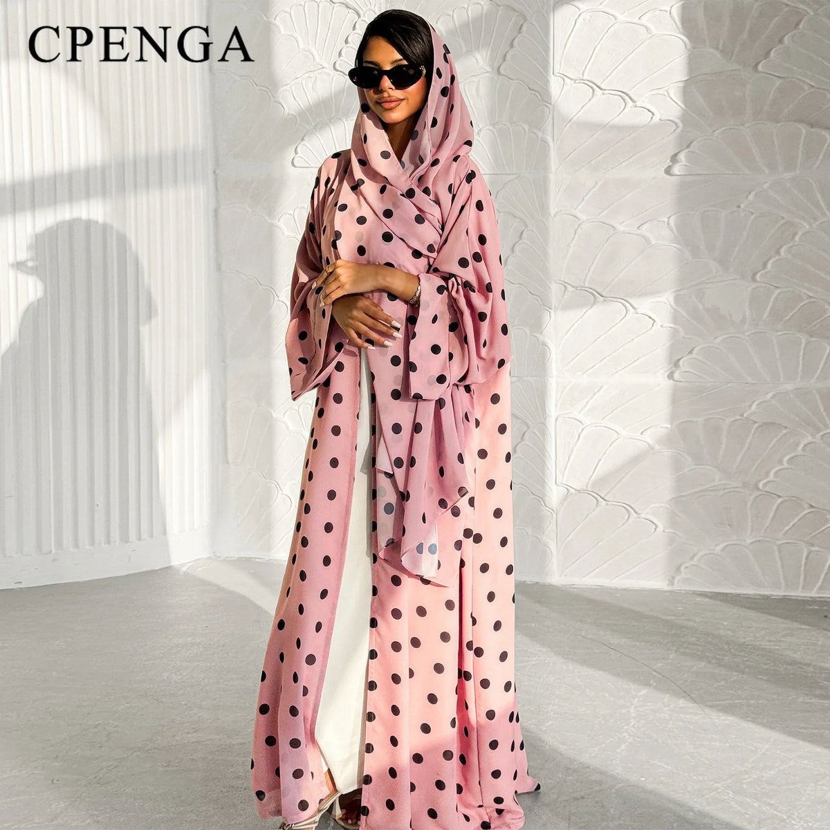 Two Piece  Polka Dot Muslim Outfit Set for Women Elegant Dubai Hijab Abaya Dress Islam Holiday Outwear Turkey Modest Kaftan Robe