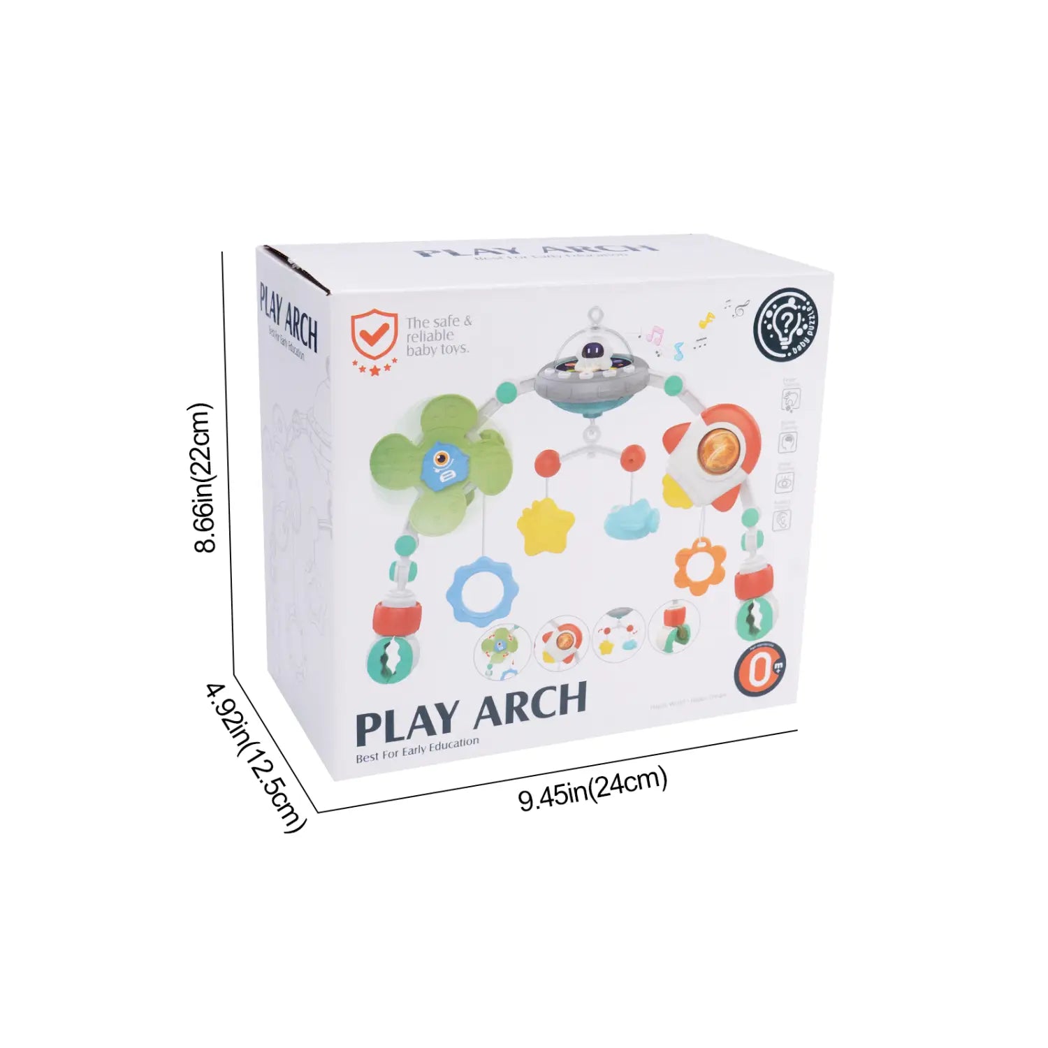 Boîte en carton blanche pour les jouets d’arche pour poussette de bébé du centre d’activités marin, avec des illustrations colorées de jouets suspendus et le logo de la marque