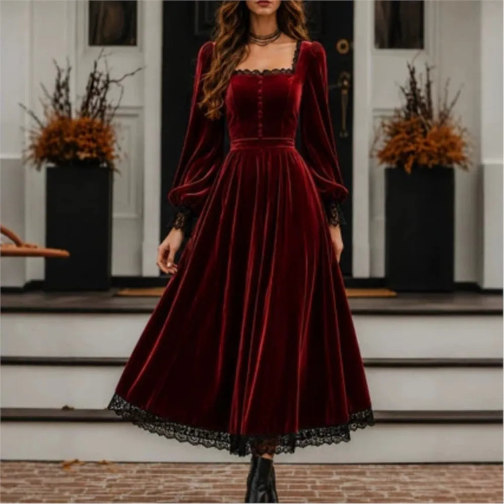 New Autumn Winter Women Velvet Party  Midi Dress Square Neck Puff Long Sleeve Black Lace Hem Button Front Vintage A Line Dresses