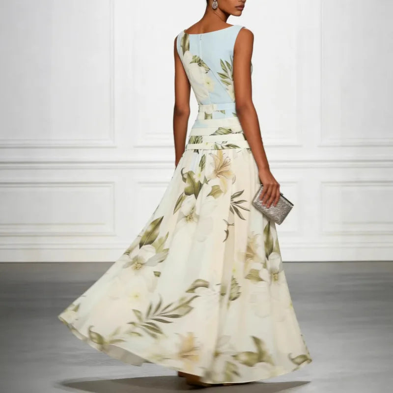 Casual Draped Swing Formal Party Dresses O-neck Sleeveless Elegant Holiday Dress Women Fashion Floral Print Slim Fit Long Dress
