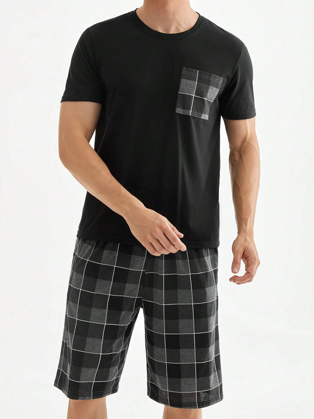 Men's Black & Gray Plaid Pocket Pajama Set 2 Piece Short Sleeve & Shorts Comfortable Loungewear