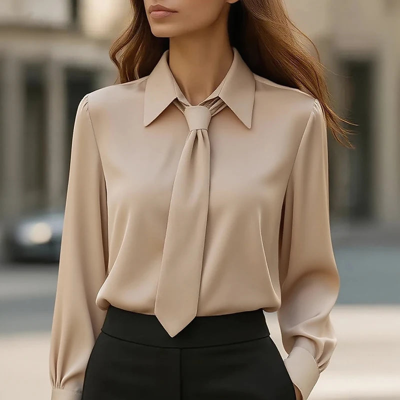 Women's Shirt Formal Bow Tie Long-sleeved Office Lady Shirt Women Fashionable Solid Color Autumn Shirt Blouses White Tops