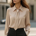 Women's Shirt Formal Bow Tie Long-sleeved Office Lady Shirt Women Fashionable Solid Color Autumn Shirt Blouses White Tops