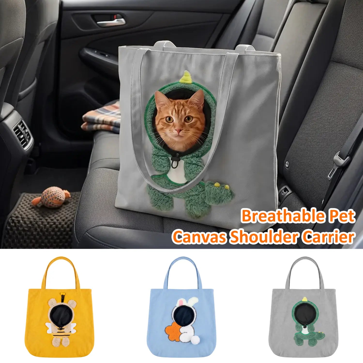 Sac de voyage en toile respirante grise pour petits chiens, avec une fenêtre pour animal au thème dinosaure vert, un chat tigré orange qui se montre et une boucle de sécurité.