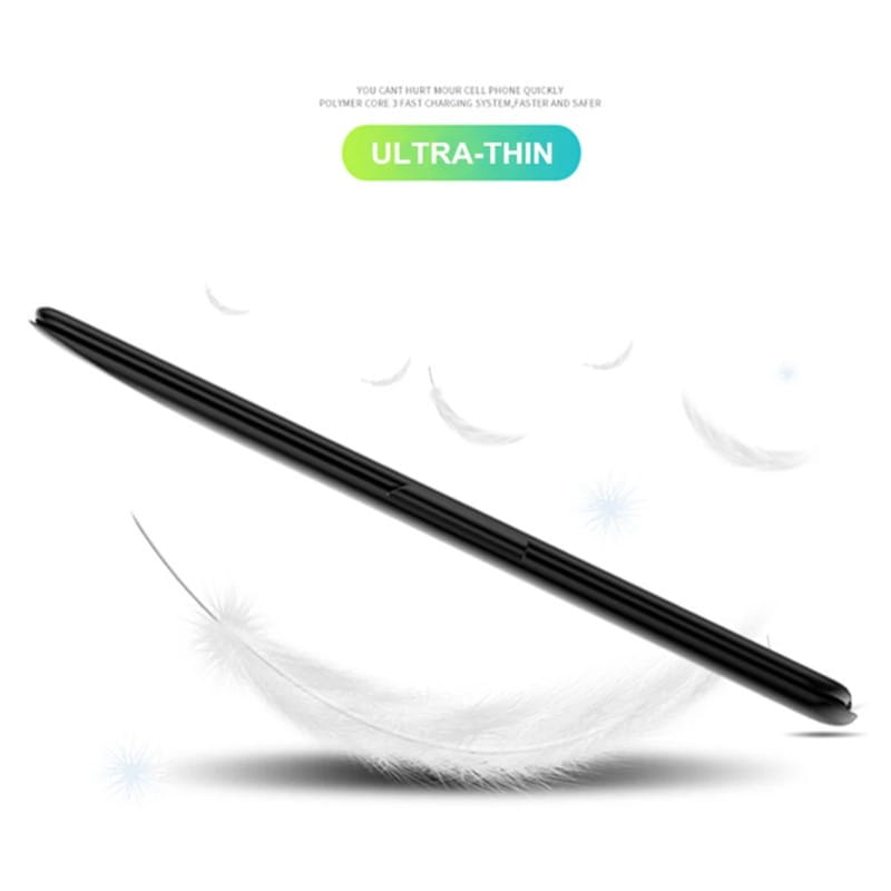 Lápiz de carga rápida negro ultrafino de núcleo polimérico mostrado por la parte trasera de la carcasa del banco de energía para la tapa de la batería del Oppo Find X2 Pro, resaltando las características de la carcasa y la funcionalidad del banco de energía.