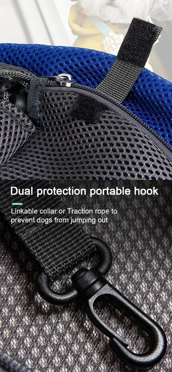 Blue and black mesh small pets carrier backpack with a sturdy black metal hook attachment for travel.