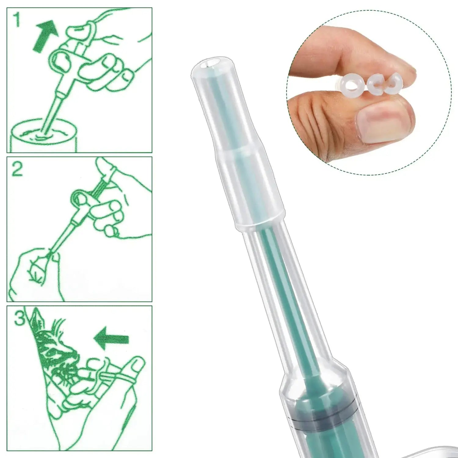 Transparent plastic pet pill dispenser replacement head with teal-colored internal tube and small white silicone rings for dental cleaning.