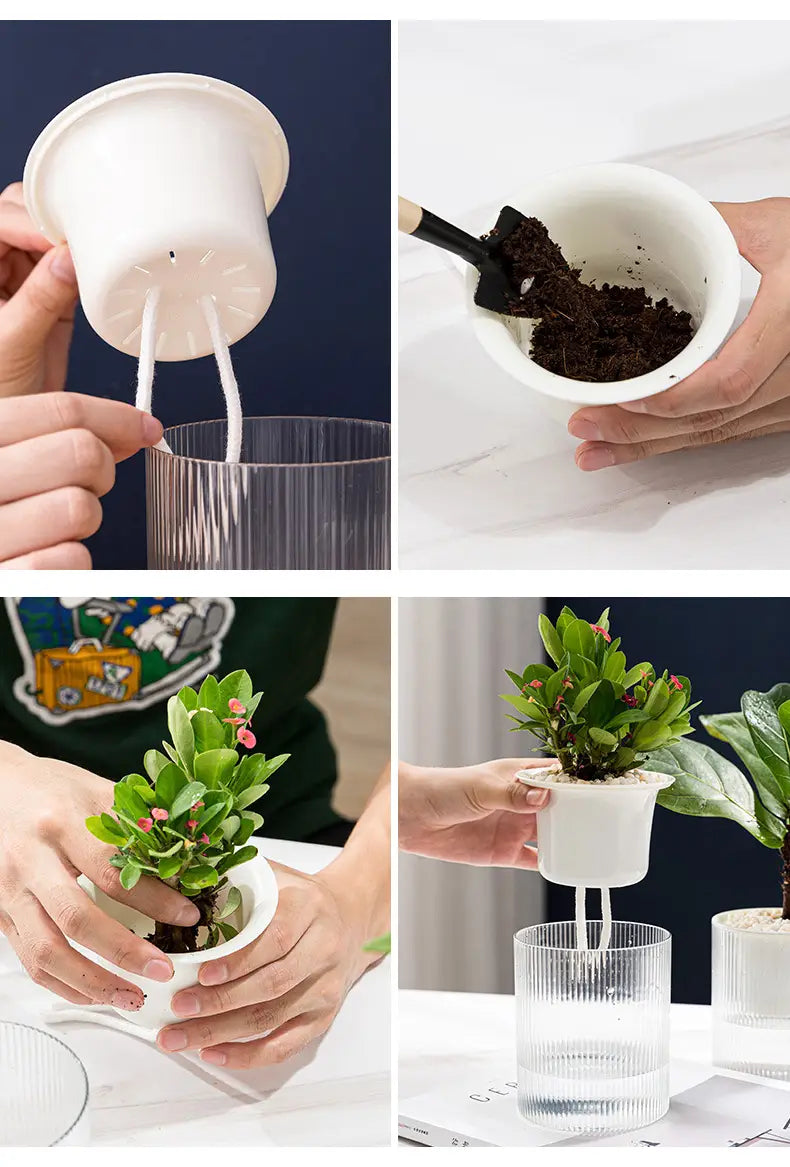Weißer Kunststoff-Selbstbewässerungs-Indoor-Pflanztopf aus robustem Material mit integriertem Tropfbewässerungssystem, als gläserner Schreibtisch-Planter konzipiert.