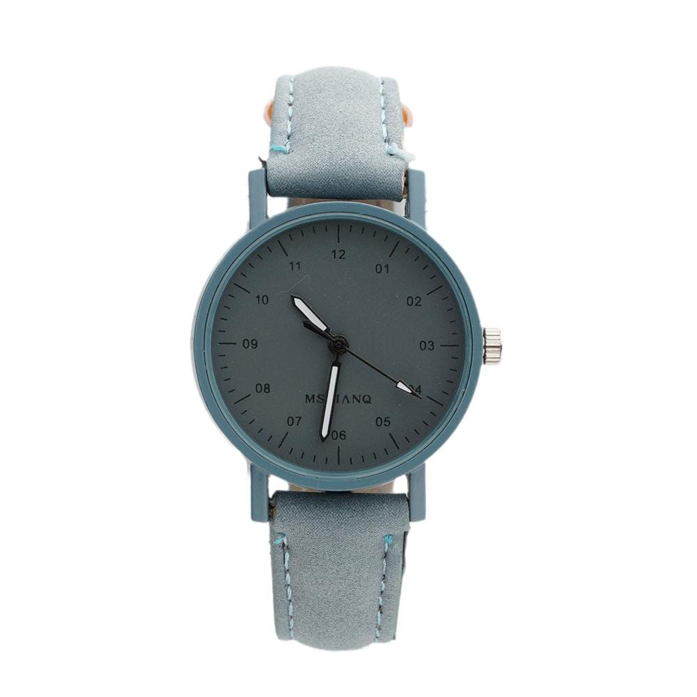 A minimalist women quartz watch with a gray dial, light blue suede strap, silver-toned hands, and pu leather waterproof wristwatch design.