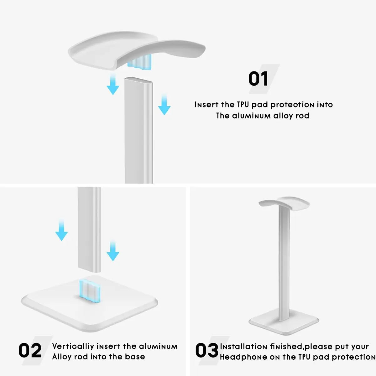 matte aluminum headphone stand with a white plastic tpu pad and sleek minimalist design ideal as a headphone stand or earphone stand