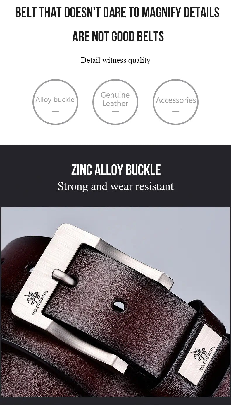 Ceinture en cuir marron foncé pour hommes, boucle à ardillon en alliage de zinc argenté vintage avec marque gravée et design de sangle de luxe.