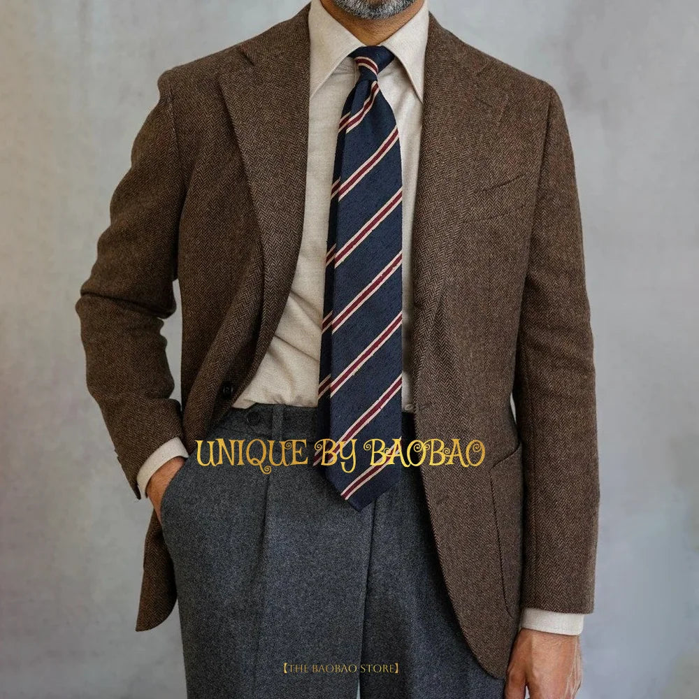 Men's Wedding Suits 2 Piece Set (Jacket+Pants) 1920's Vintage Brown Herringbone Regular Fit Gentlemen Winter Meeting Party Wear
