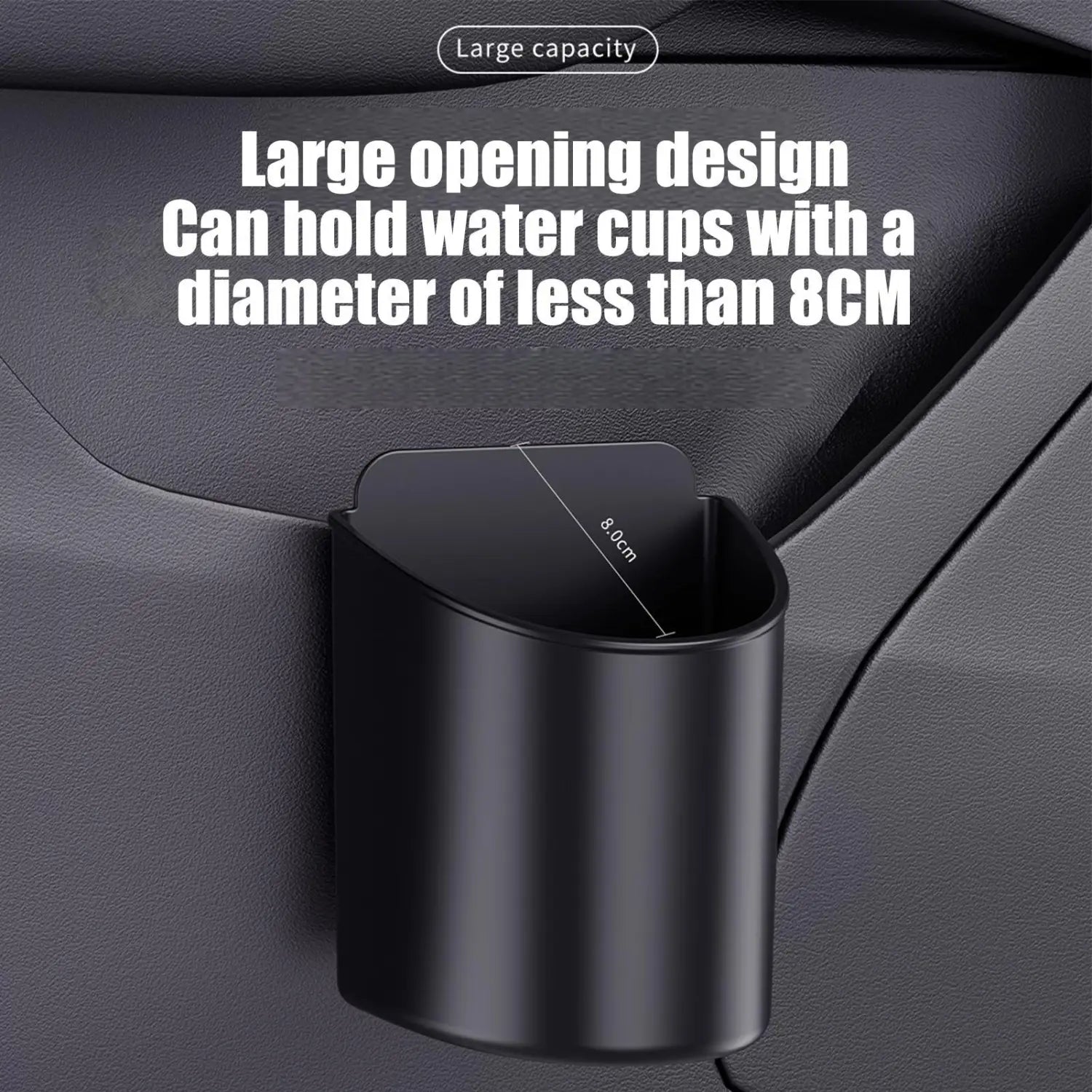 black sleek cylindrical car door cup holder made of durable material with a wide opening designed to fit water cups under 8cm in diameter for vehicles